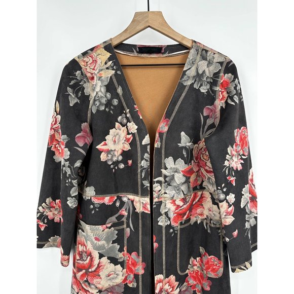 Anthropologie Monarc Gray Open Front Kimono Jacket Women Small Roses Pockets - Picture 2 of 10